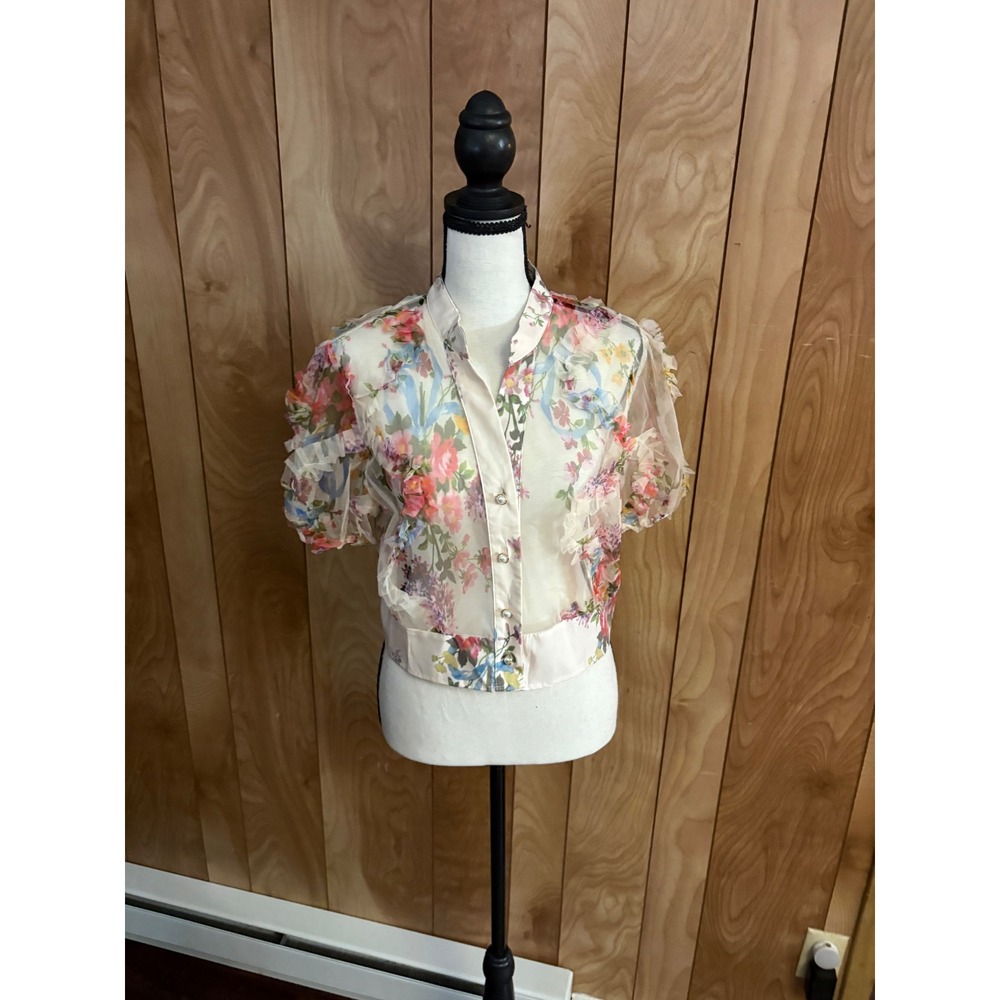 Aveloria Floral Sheer Mesh Cropped Top 3D Ruffle Puff Sleeve Blouse Cream M US 6